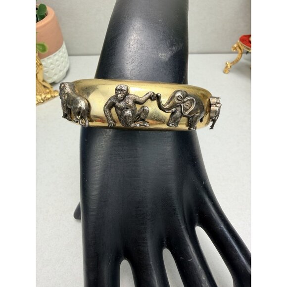 Vintage Jewelry - Vintage Gold & Silver Tone Animal Safari Statement Bracelet Monkey Elephant Rare